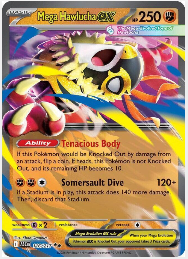 ee010ec940d2cfae3cffdca5c06464e0.png Mega Hawlucha Ex #116/217 - Bilde 1